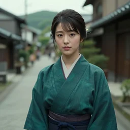beautiful japanese woman in a village street, nadescio rin, drab blue greens, dark greens, highly detailed, award winning