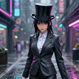 stylish anime woman made out of rain, pinstripe suit, top hat, cyberpunk background, rendered in octane, unreal engine, raining, highly detailed, trending on artstation, realistic, neon