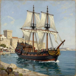 a beautiful painting of a spanish brigantine moored off the coast of a medieval coastline and shipyard, trending on artstation