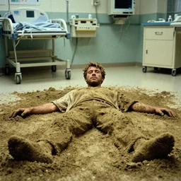 7 0 s movie still of a man made of dirt in the hospital, cinestill 8 0 0 t 3 5 mm eastmancolor, heavy grain, high quality, high detail
