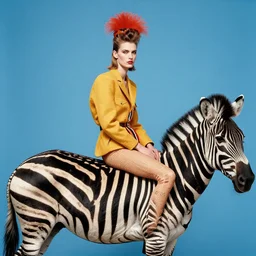 extremely detailed studio portrait of a fashion model sitting on a zebra. surreal photograph, lo - fi, polished look, solid background, silly and serious, hermes ad, fashion photography, toiletpaper magazine by pierpaolo ferrari and maurizio cattelan, 3 5 mm photograph, colourful, david lachapelle, canon eos c 3 0 0, 8 k, medium - format print