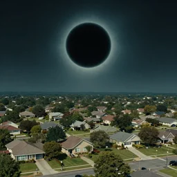 cinematic still of a black hole hovering over a suburban neighborhood
