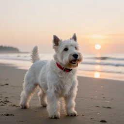 a westie with a red collar playing on a beach with sunrise in the background, award winning photopgraph