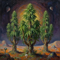 surrealistic painting of cannabis trees on alien planet, by vladimir kush