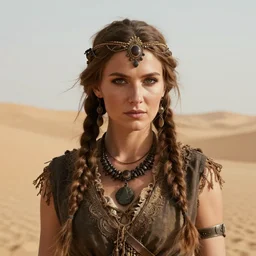 portrait of a northern woman, roguish, acrobat, russian features, tomb raider, desert background, in the style of ruan jia, high detail, 8 k