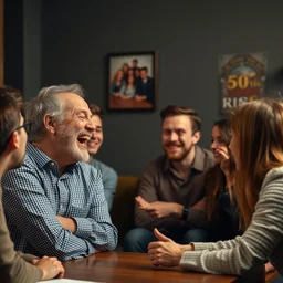 a mad male boomer telling a dad joke to a group of bored millennials, he is laughing maniacally.