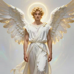 fullbody portrait of a beautiful young fit male angel with curly blond hairs, serene face, cyan eyes, dressed with long fluent clothes, majestic symmetrical eagle wings, luminous halo, by greg rutkowski and alphonse mucha, gradient white to gold, in front of an iridescent background, highly detailed portrait, digital painting, artstation, concept art, smooth, sharp focus illustration