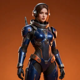 female character, space traveller, proportional figure, delicate features, alluring, beautiful, cyberpunk armor, navigator gear, dark blue and orange, plated, dark orange background, poster style, ultra realistic, ultra detailed, volumetric light, unreal engine, 8 k