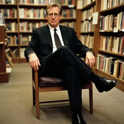 2 0 0 3 john lasseter wearing a black suit and necktie and black shoes sitting in a chair with his legs crossed in a bookstore. he has his hand resting on the ankle of the crossed leg