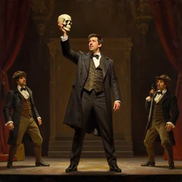 bioshock thespian adam sandler atop the theater stage brandishing a skull hamlet play theatre oil painting winslow homer craig j. spearing thomas eakins greg rutkowski alexandre benois giotto maximilian pirner