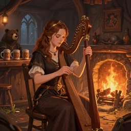 kate beckinsale play music on arph, sit in fantasy tavern near fireplace, behind bar deck with bear mugs, medieval dnd, colorfull digital fantasy art, 4k