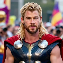 Chris Hemsworth as thor wearing drag queen makeup, gay parada background, cinematic shot, 8k resolution, hyper detailed