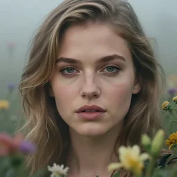 cameron diaz surrounded by mist and pretty flowers, very detailed, realistic face, detailed face, matte, tonemapping, perfection, 4 k, cushart krenz, cinematic, atmospheric