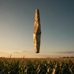 wide shot of a tall and thin rocky geometric statue hovering vertically ten feet above a cornfield, late afternoon, golden hour, dramatic lighting, cinematic, highly detailed, smooth, sharp focus, concept art by greg rutkowski and marc simonetti