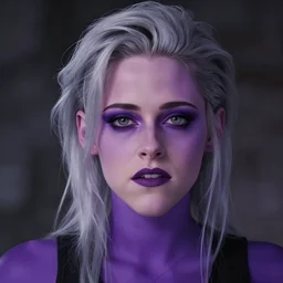 Anime portrait of Kristen Stewart with silver hair and deep-purple skin, detailed, photorealistic digital art, style by Ruan Jia and Fenghua Zhong