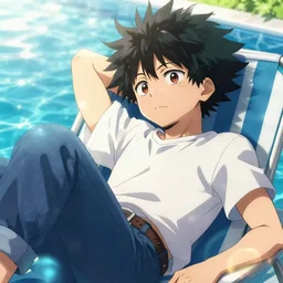 closeup portrait of kyoka jiro from my hero academia relaxing in jeans and a t - shirt on a floating pool chair, sunny, bright, reflections, intricate, sharp focus, lens flare, bloom, illustration, highly detailed, digital painting, concept art, matte, art by ruan jia and wlop and greg rutkowski, masterpiece