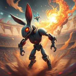 anthropomorphic rabbit robot with human characteristics in an arena, digital art, epic composition, fantasy, explosion of color, highly detailed, in the style of jake parker, in the style of conrad roset, swirly vibrant colors, sharp focus