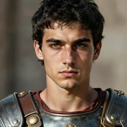 roman hero, handsome young man with black hair, roman soldier armor, close - up portrait of roman centurion without helmet, character portrait, masterfully shaded, deep focus, amber eyes, insane art, trending on artstation, perfect lighting, 8 k, game cover art, sharp focus, anatomically correct, historical reconstruction!!, by artgerm and greg rutkowski