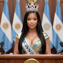 Nicki Minaj as the president of Argentina, in the Argentine Congress, wearing presidential band, flags of Argentina behind, detailed picture
