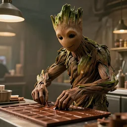 film still of Groot working as a chocolatier in the new Avengers movie, 4k