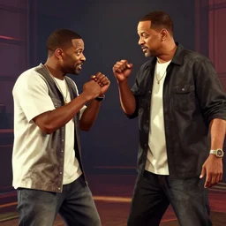 in the style of gta v, chris rock is fighting with will smith, shadow harsh lights, dramatic scene, hyper detailed, digital art, trending in artstation, cinematic lighting, studio quality, smooth render, unreal engine 5 rendered, octane rendered