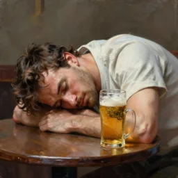 drunk man sleeping on a table because he drank too much beer, detailed painting