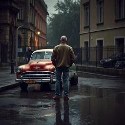 golconda, a man standing next to an old car in the rain, camera from behind, trending in artsation, stefan koidl