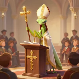 and anthropomorphic praying mantis with a mitre and crosier, preaching at the pulpit to an audience, ultra detailed, 8 k, trending on artstation, award - winning art,