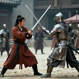 xianxia fantasy, xuanhuan martial artist fighting european knight, chinese swordsman fighting medieval european swordsman, fantasy, wuxia, pseudo - medieval fantasy, cinematic, 1 9 8 6 movie screenshot, french swordsman fighting chinese swordsman