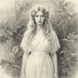 surreal goddess in the garden, muted water color, full portrait, detailed, rim light, diffused, intricate, by anna dittmann, hyper realistic pencil drawing