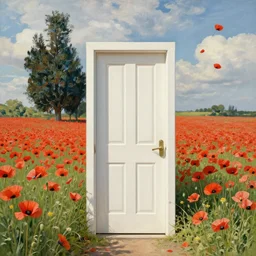 nun at poppy field door in the sky trees flying by beksinski van gog hyperrealism detailed masterpiece doomy