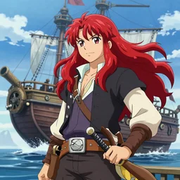 sky-pirate with long red hair in front of a sky-ship, vinland saga, anime style