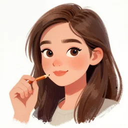 digital art of portrait of a woman, holding pencil, inspired, head - and - shoulders shot, gouache painting, white background, cute pixar character