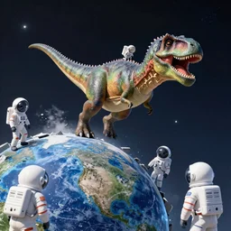 A dinosaur in space moving away from the destroyed planet earth with sad astronauts looking and spaceships coming out of it a solar flare and lots of plants and water, digital art