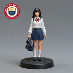 80mm resin detailed miniature of a school girl, olive skin, school uniform, long black hair, bag, on textured disc base, Company logo in upper left corner; Miniature product Photo, 4K, Full body