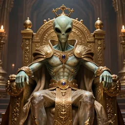 alien king sitting in his throne room. ultra realistic. highly detailed.