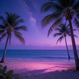dreamy wistful oasis whimsical purple pink blue calm nighttime stars palm tree lush