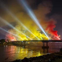a bridge over a river in vietnam, by night, yellow and red smoke, white projectors, lens flare, lighting and composition, highly detailed concept art, radiant light, intricate, war, destruction, sharp focus
