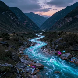 dslr hd photo of glowing neon colored river flowing between mountain range, surrealism art style, octane render, hyper realistic