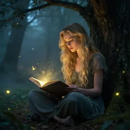 portrait, gorgeous blond girl sits cross-legged in mystical misty forest, reading under a tree, fireflies and fairies illuminate the pages, dramatic lighting, cinematic, establishing shot, extremly high detail, foto realistic, cinematic lighting, post processed, concept art, artstation, matte painting, style by eddie mendoza, raphael lacoste, alex ross