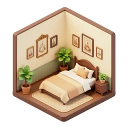 isometric indoor vintage bedroom in a cubic room with victorian pictures on walls and potted plants