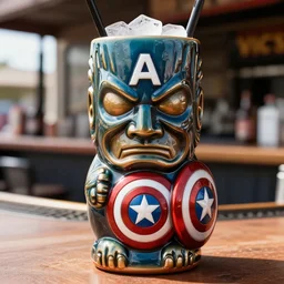 a closeup photorealistic photograph of a glossy captain america style tiki mug sitting at an outdoor trader vic's bar featuring captain america's face. tiki theme. icy drink. shield. bright scene. fine detail. this 4 k hd image is trending on artstation, featured on behance, well - rendered, extra crisp, features intricate detail, epic composition and the style of unreal engine.