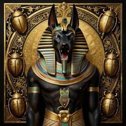 angry god anubis, growling jackal with egyptian headdress and nemes, ornate art nouveau scarabs, black and gold palette, symmetry, fantasy, intricate, elegant, highly detailed, colorful, dark colors, dramatic shadow, digital painting, artstation, concept art, art by artgerm and greg rutkowski and ruan jia,