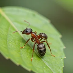 A leaf cutter ant carrying a vibrant green leaf, boke