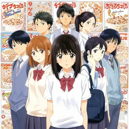 manga cover, diverse group of highschoolers, intricate cereal boxes background, cereal, emotional lighting, character illustration by tatsuki fujimoto