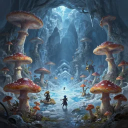 carnivorous bipedal mushrooms in a large ice meadows cavern boss battle fantasy artwork epic detailed and intricate digital painting trending on artstation by wlop octane render