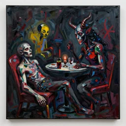 sleep paralysis demon date night, dark and ominous masterpiece, by jackson pollock, inspired by giger, trending on art station