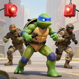 ninja turtles escape and two military ( american uniform ) ran to sound the alarm and all the turtles began to descend the water slides, greg rutkowski very coherent symmetrical artwork, 4 k,