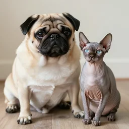 photograph of a pug and a sphynx cat
