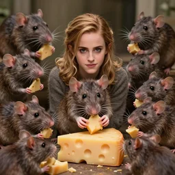 photo, emma watson as anthropomorphic furry - rat, huge rats around, eating cheese, highly detailed, intricate details